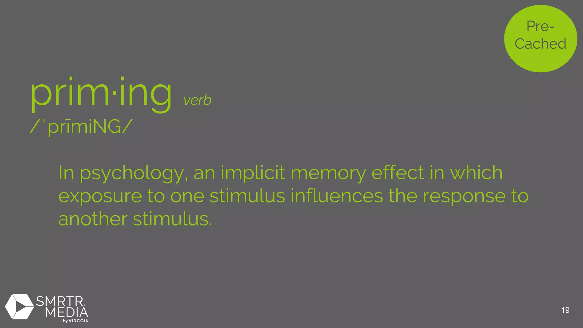 prim·ing verb
/ˈprīmiNG/
In psychology, an implicit memory effect in which
exposure to one stimulus influences the response to
another stimulus.
Pre-
Cached
19
 