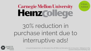 3 Acquisiti & Spiekermann, Do Interruptions Pay off? Effects of Interruptive Ads on Consumers' Willingness to Pay
Journal of interactive Marketing. 2011
30% reduction in
purchase intent due to
interruptive ads!
Value-
Added
 