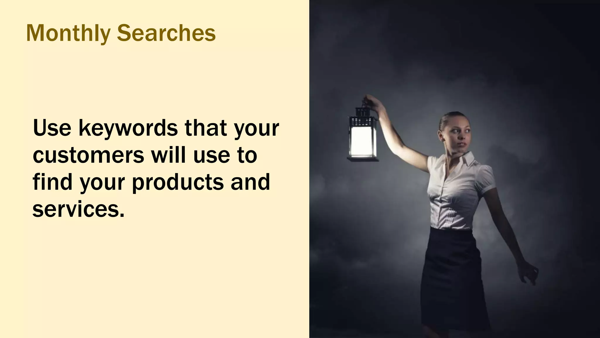Use keywords that your
customers will use to
find your products and
services.
Monthly Searches
 
