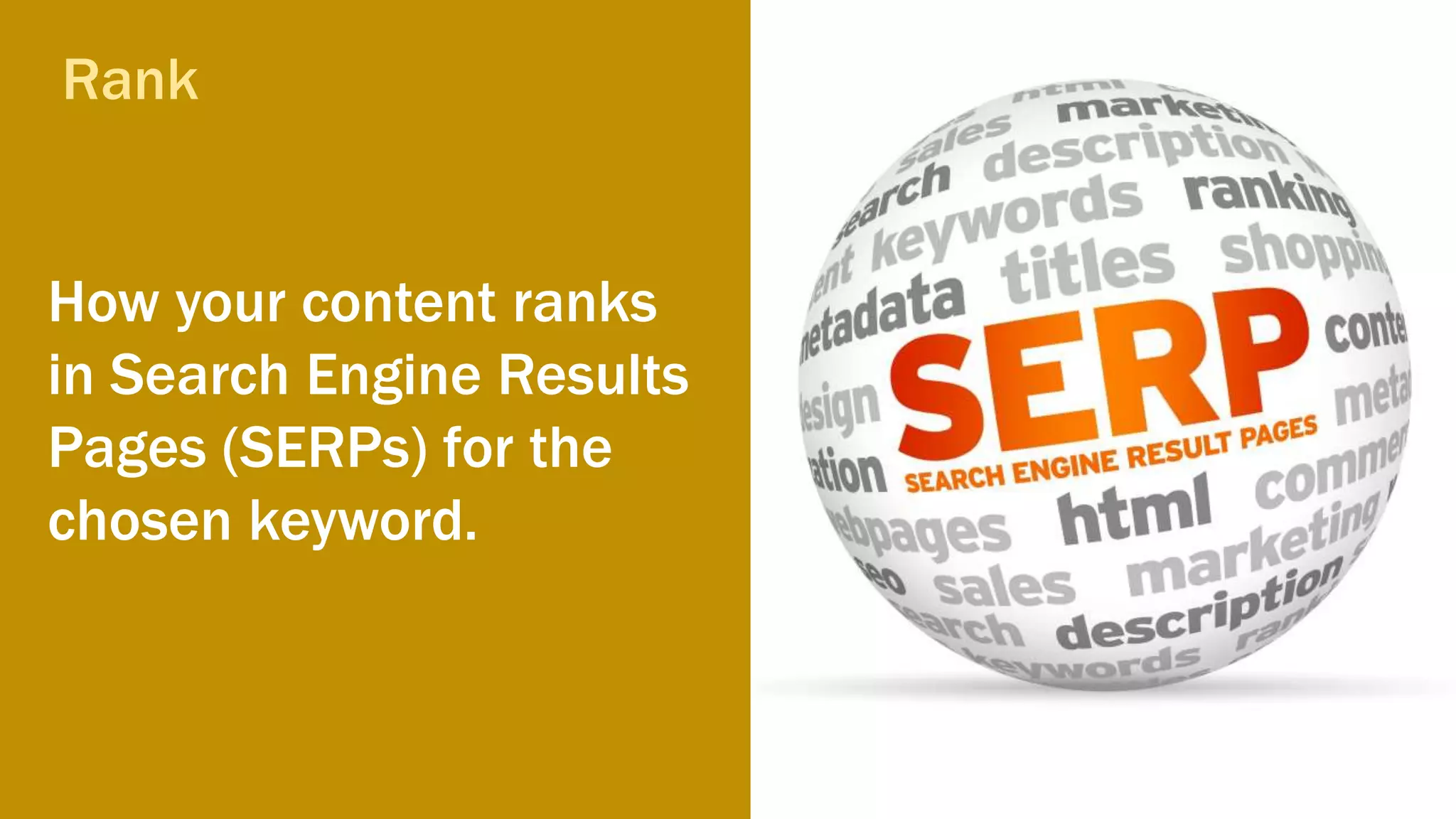 How your content ranks
in Search Engine Results
Pages (SERPs) for the
chosen keyword.
Rank
 