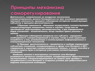 Деятельность, направленная на внедрение механизмов саморегулирования, должна базироваться на трех основных принципах - принципе законности, принципе соблюдения интересов хозяйствующих субъектов и принципе диспозитивности: 1)Принцип законности - обязывает осуществлять соответствующие саморегулирующие инициативы только в случаях, когда они не противоречат действующему законодательству, а для определенных видов отношений – исключительно, когда таковые прямо указаны в законе. 2) Принцип соблюдения интересов хоз субъекта - определяет необходимость саморегулирования в случаях, когда в этом существует потребность у лиц, развивающих и использующих информационных и коммуникационных технологий. 3) Принцип  диспозитивности - проявляется в свободе определения субъектами отношений, складывающихся в сфере сети Интернет и ИКТ, содержания и характера саморегулирования таковых, а также способов и средств защиты прав и интересов участников соответствующих отношений.  Наиболее активно в иностранных сегментах сети Интернет развиваются процессы саморегуляции, координируемые общественными организациями, специализирующимися на защите прав граждан и потребителей в сети Интернет и создании условий для добросовестного ведения электронной коммерции 