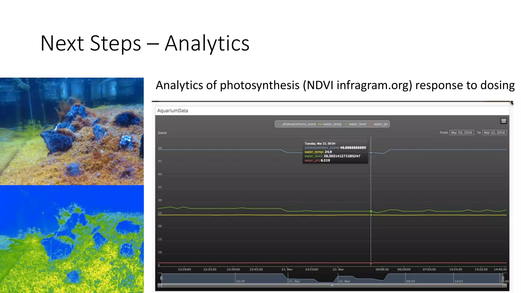 Next Steps – Analytics
Analytics of photosynthesis (NDVI infragram.org) response to dosing
 