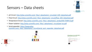 Sensors – Data sheets
• pH Circuit: http://atlas-scientific.com/_files/_datasheets/_circuit/pH_EZO_datasheet.pdf
• Flow Circuit: http://atlas-scientific.com/_files/_datasheets/_circuit/flow_EZO_Datasheet.pdf
• Temperature Circuit: http://atlas-scientific.com/_files/_datasheets/_probe/ENV-TEMP-D.pdf
• Power isolation: http://atlas-scientific.com/_files/_datasheets/_circuit/pwr-iso.pdf
• Serial expander: https://www.atlas-
scientific.com/_files/_datasheets/_circuit/serial_port_expander_datasheet.pdf
 