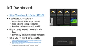 IoT Dashboard
• https://freeboard.io/board/l1XbFY
• Freeboard.io (BugLabs)
• Great dashboards out of the box
• Free hosting and open source
• Possible to integrate with MQTT
• MQTT using IBM IoT Foundation
• Free
• Extremely fast IOT message transport
• Paho MQTT client (javascript):
• https://rawgit.com/benjaminchodroff/freeboard-mqtt/paho-mqtt-
default/ibm.iotfoundation.plugin.js
• https://rawgit.com/benjaminchodroff/freeboard-mqtt/paho-mqtt-
default/paho.mqtt.plugin.js
• Integrates to Freeboard plugin through “Developer Console”
 