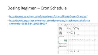 Dosing Regimen – Cron Schedule
• http://www.seachem.com/downloads/charts/Plant-Dose-Chart.pdf
• http://www.aquaticplantcentral.com/forumapc/attachment.php?atta
chmentid=5525&d=1192589007
 