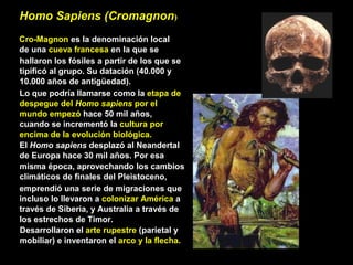 Homo Sapiens (Cromagnon)
Cro-Magnon es la denominación local
de una cueva francesa en la que se
hallaron los fósiles a partir de los que se
tipificó al grupo. Su datación (40.000 y
10.000 años de antigüedad).
Lo que podría llamarse como la etapa de
despegue del Homo sapiens por el
mundo empezó hace 50 mil años,
cuando se incrementó la cultura por
encima de la evolución biológica.
El Homo sapiens desplazó al Neandertal
de Europa hace 30 mil años. Por esa
misma época, aprovechando los cambios
climáticos de finales del Pleistoceno,
emprendió una serie de migraciones que
incluso lo llevaron a colonizar América a
través de Siberia, y Australia a través de
los estrechos de Timor.
Desarrollaron el arte rupestre (parietal y
mobiliar) e inventaron el arco y la flecha.
 