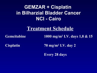 GEMZAR + Cisplatin  in Bilharzial Bladder Cancer NCI - Cairo Treatment Schedule Gemcitabine 1000 mg/m 2  I.V. days 1,8 & 15 Cisplatin 70 mg/m 2  I.V. day 2 Every 28 days 