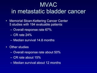 MVAC in metastatic bladder cancer Memorial Sloan-Kettering Cancer Center 5 studies with 194 evaluable patients Overall response rate 67% CR rate 24% Median survival 14.8 months Other studies Overall response rate about 50% CR rate about 15% Median survival about 12 months 