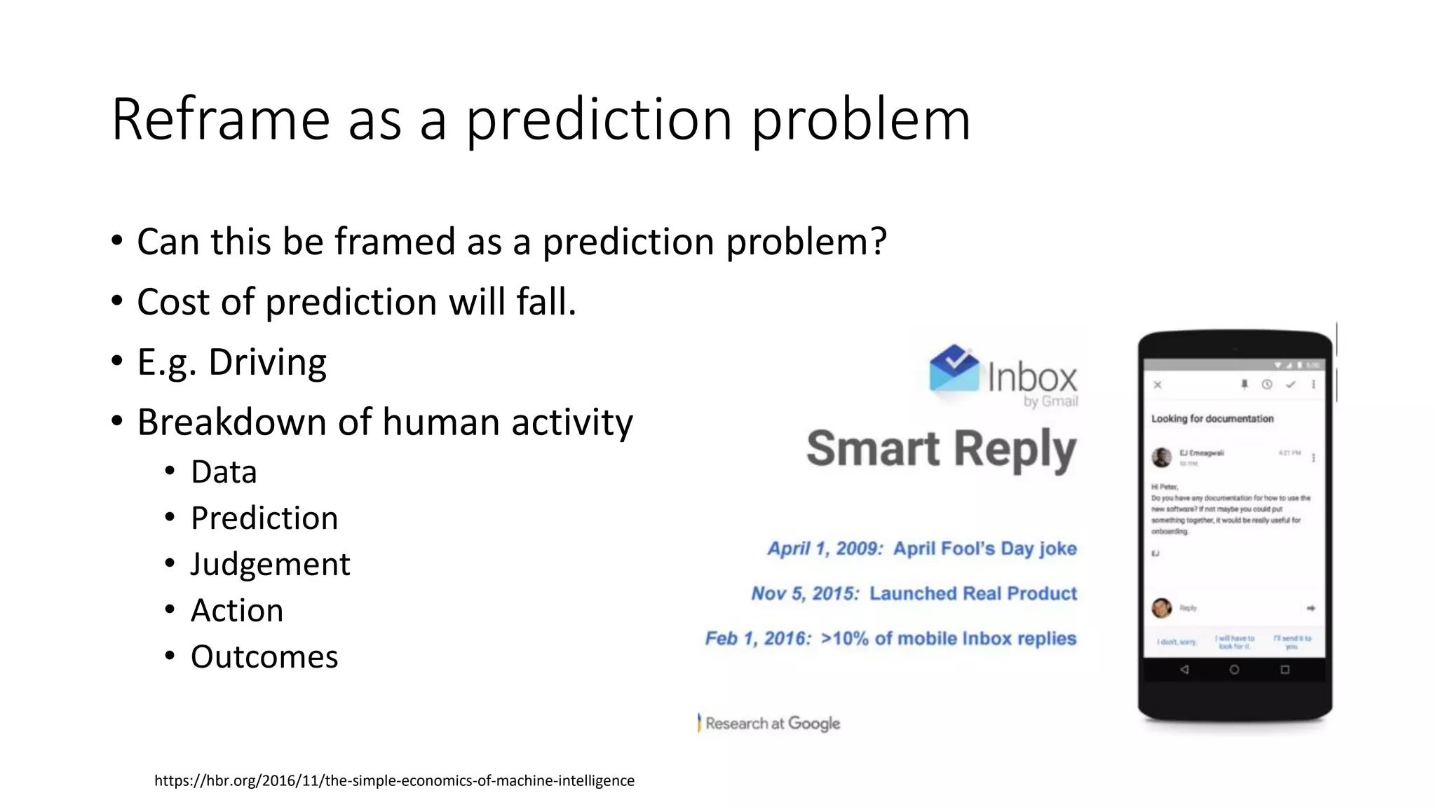 Reframe as a prediction problem
• Can this be framed as a prediction problem?
• Cost of prediction will fall.
• E.g. Driving
• Breakdown of human activity
• Data
• Prediction
• Judgement
• Action
• Outcomes
https://hbr.org/2016/11/the-simple-economics-of-machine-intelligence
 