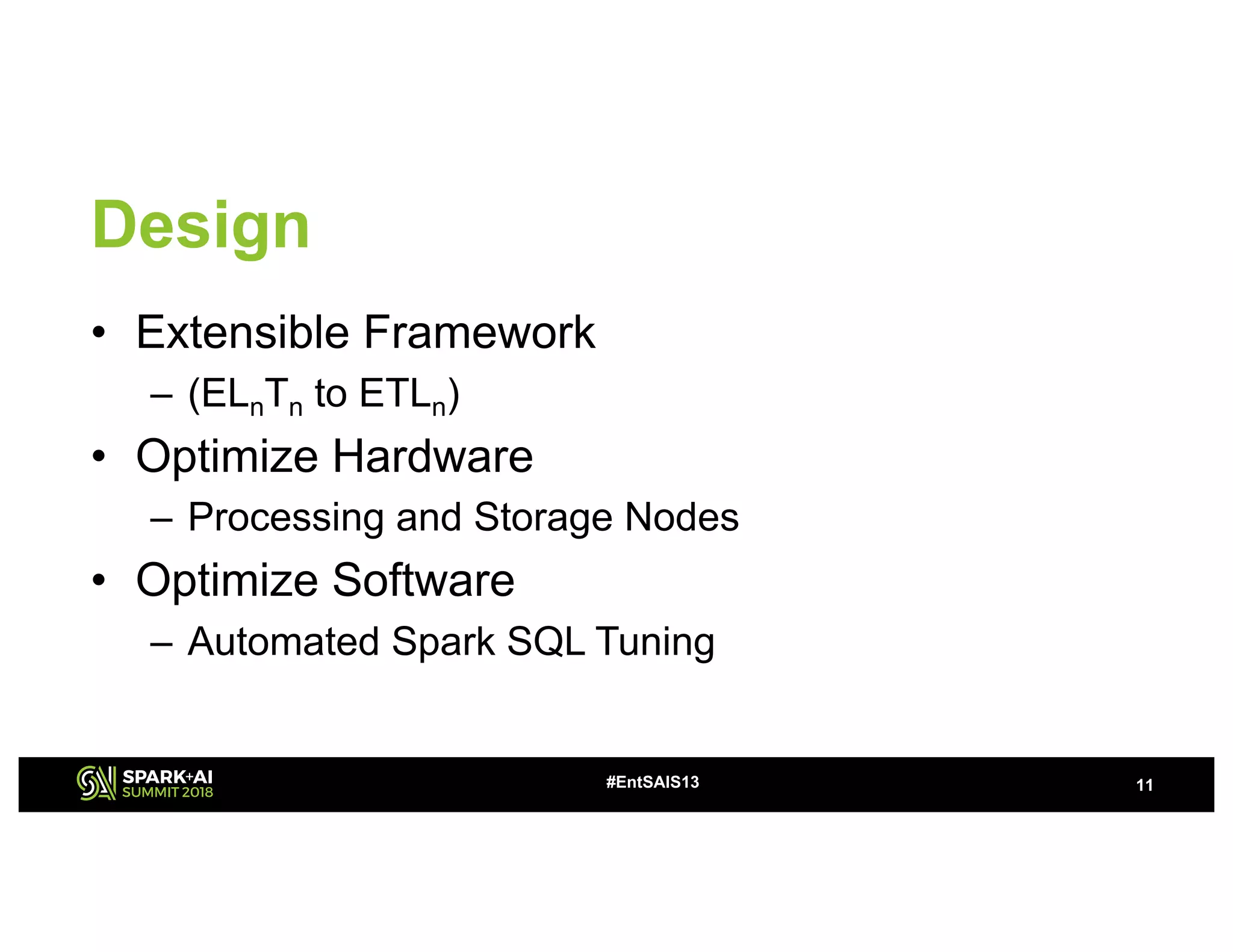 Design
• Extensible Framework
– (ELnTn to ETLn)
• Optimize Hardware
– Processing and Storage Nodes
• Optimize Software
– Automated Spark SQL Tuning
11#EntSAIS13
 