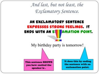 And last, but not least, the
     Exclamatory Sentence.
  An exclamatory sentence
 expresses strong feelings. It
ends with an exclamation point.


    My birthday party is tomorrow!



This sentence SHOWS    It does this by ending
 you how excited the   the sentence with an
     speaker is .       exclamation point.
 