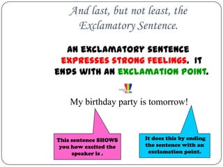 And last, but not least, the
     Exclamatory Sentence.
  An exclamatory sentence
 expresses strong feelings. It
ends with an exclamation point.


    My birthday party is tomorrow!



This sentence SHOWS    It does this by ending
 you how excited the   the sentence with an
     speaker is .       exclamation point.
 