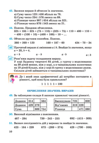 43. Запиши вирази й обчисли їх значення.
а) Суму чисел 123 і 456 збільш на 78.
б) Суму чисел 234 і 576 зменш на 89.
в) Різницю чисел 987 і 654 збільш на 321.
г) Різницю чисел 876 і 543 зменш на 21.
44. Поясни. Продовж обчислення.
325 + 185 = 325 + (75 + 110) = (325 + 75) + 110 = 400 + 110 =
= 400 + (100 + 10) = (400 + 100) + 10 = ...
45. Обчисли зручним способом. Поясни.
380 + 269 + 120 160 + 187 - 60 434 - 70 - 34
/4бТ Прочитай вирази зі змінними а і Ь. Знайди їх значення, якщо
а = 20, Ь = 4.
а + Ь а - Ь а- Ь а : &
Розв’яжи задачу складанням виразу.
У хорі Будинку творчості 85 дітей, у гуртку з моделювання
на 39 дітей менше, ніж у хорі, а в танцювальних колективах
на 19 дітей більше, ніж у хорі й гуртку з моделювання разом.
Скільки дітей займаються в танцювальних колективах?
48. Де і який знак арифметичної дії потрібно поставити в
рівності, щоб вона була правильною?
1 1 1 1 1 = 100
І
ОБЧИСЛЕННЯ ЗНАЧЕНЬ ВИРАЗІВ
49. За таблицями склади й запиши правильні числові рівності.
Зменшуване 725 800
Від’ємник 319 229
Різниця 471 380
Доданок 314 564
Доданок 429 279
Сума 689 754
50. Виконай віднімання з поясненням.
467 - 284 739 - 245 - 255 692 - (415 - 309)
51. Визнач послідовність дій у виразах та знайди їх значення.
423 - 164 + 239 673 - (269 + 374) 428 + (700 - 350)
10
 
