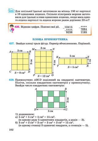 І625ГДля шкільної їдальні заготовили на місяць 150 кг картоплі
в 10 однакових ящиках. Скільки кілограмів моркви загото­
вили для їдальні в семи однакових ящиках, якщо маса одно­
го ящика картоплі та ящика моркви разом дорівнює 23 кг?
626. Віднови цифри. Поясни свої дії. 13415
****
9238
****
7694
1185
ПЛОЩА ПРЯМОКУТНИКА
627. Знайди площі трьох фігур. Перевір обчисленнями. Порівняй.
628. Прямокутник АВСП поділений на квадратні сантиметри.
Полічи, скільки квадратних сантиметрів у прямокутнику.
Знайди число квадратних сантиметрів:
А В
1) додаванням:
а) 5 см2+ 5 см2+ 5 см2= 15 см2.
(в одному ряду 5 одиничних квадратів, а рядів — 3).
б) 3 см2+ 3 см2+ 3 см2+ 3 см2+ 3 см2= 15 см2.
(в одному стовпці 3 одиничні квадрати, а стовпців — 5).
102
см
 