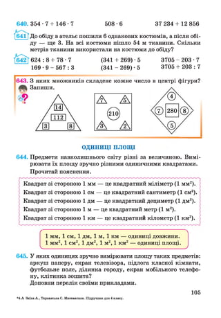 508-6 37 234 + 12 856640. 354 • 7 + 146•7
І641ТДо обіду в ательє пошили 6 однакових костюмів, а після обі­
ду — ще 3. На всі костюми пішло 54 м тканини. Скільки
метрів тканини використали на костюми до обіду?
624 : 8 + 78 • 7
169 • 9 - 5 6 7 :З
(341 + 269) • 5 3705 -2 0 3 -7
(341 - 269) • 5 3705 + 203 : 7
^ 43. З яких множників складене кожне
Запиши.
А А
©
А А
число в центрі фігури?
ОДИНИЦІ ПЛОЩІ
644. Предмети навколишнього світу різні за величиною. Вимі­
рювати їх площу зручно різними одиничними квадратами.
Прочитай пояснення.
Квадрат зі стороною 1 мм — це квадратний міліметр (1 мм2).
Квадрат зі стороною 1 см — це квадратний сантиметр (1 см2).
Квадрат зі стороною 1 дм — це квадратний дециметр (1 дм2).
Квадрат зі стороною їм — це квадратний метр (1 м2).
Квадрат зі стороною 1 км — це квадратний кілометр (1 км2).
( 'Ч
1 мм, 1 см, 1 дм, 1 м, 1 км — одиниці довжини.
1 мм2, 1 см2, 1 дм2, 1 м2, 1 км2— одиниці площі.
V_______________________________________________________________________________ У
645. У яких одиницях зручно вимірювати площу таких предметів:
аркуш паперу, екран телевізора, підлога класної кімнати,
футбольне поле, ділянка городу, екран мобільного телефо­
ну, клітинка зошита?
Доповни перелік своїми прикладами.
*4-А Заїка А., Тарнавська С. Математика. Підручник для 4 класу.
105
 