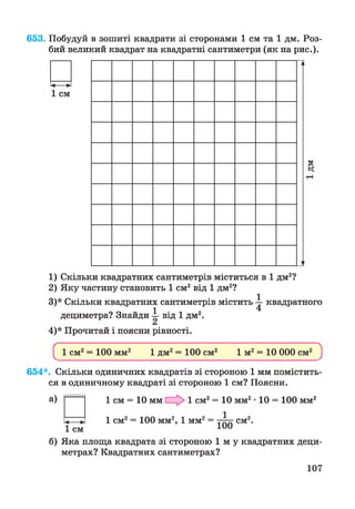 653. Побудуй в зошиті квадрати зі сторонами 1 см та 1 дм. Роз­
бий великий квадрат на квадратні сантиметри (як на рис.).
1) Скільки квадратних сантиметрів міститься в 1 дм2?
2) Яку частину становить 1 см2від 1 дм2?
3) * Скільки квадратних сантиметрів містить  квадратного
1 4
дециметра? Знайди -і- від 1 дм2.
4) * Прочитай і поясни рівності.
^ 1 см2= 100 мм2 1 дм2= 100 см2 1 м2= 10 000 см2 )
654*. Скільки одиничних квадратів зі стороною 1 мм помістить­
ся в одиничному квадраті зі стороною 1 см? Поясни.
а)
111111111
1 см = 10 мм 1 см2= 10 мм2• 10 = 100 мм2
1 см
1 см2= 100 мм2, 1 мм2=
100
см
б) Яка площа квадрата зі стороною 1 м у квадратних деци­
метрах? Квадратних сантиметрах?
107
 