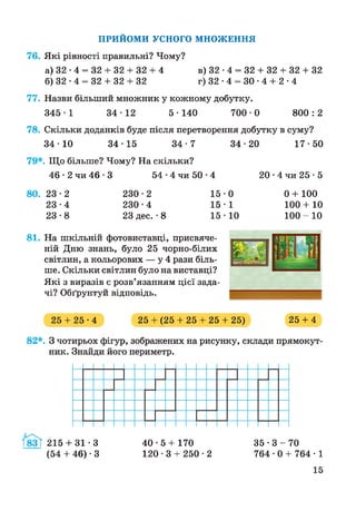 ПРИЙОМИ УСНОГО МНОЖЕННЯ
76. Які рівності правильні? Чому?
а) 32 • 4 = 32 + 32 + 32 + 4 в) 32 • 4 = 32 + 32 + 32 + 32
б) 32 • 4 = 32 + 32 + 32 г) 32 • 4 = ЗО • 4 + 2 • 4
77. Назви більший множник у кожному добутку.
345 -1 34 -12 5 • 140 700 -0 800 : 2
78. Скільки доданків буде після перетворення добутку в суму?
34 -10 34 -15 34 -7 34-20 17-50
79*. Що більше? Чому? На скільки?
46 • 2 чи 46 • 3 54 •4 чи 50 • 4 20 • 4 чи 25 • 5
80. 23 -2 230-2 15-0 0 + 100
2 3 -4 230-4 15 *1 100 + 10
2 3 -8 23 дес. • 8 15-10 100 - 10
81. На шкільній фотовиставці, присвяче­
ній Дню знань, було 25 чорно-білих
світлин, а кольорових — у 4 рази біль­
ше. Скільки світлин було на виставці?
Які з виразів є розв’язанням цієї зада­
чі? Обґрунтуй відповідь.
25 + 2 5 -4 25 + (25 + 25 + 25 + 25) 25 + 4
82*. З чотирьох фігур, зображених на рисунку, склади прямокут­
ник. Знайди його периметр.
1*831 215 + 3 1 -3 40 -5 + 170 35 • 3 - 70
(54 + 46) • 3 120 • 3 + 250 -2 764-0 + 764-1
 