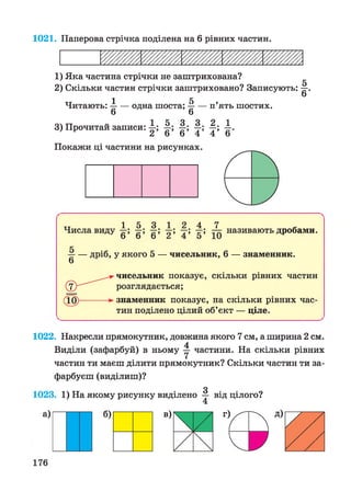 1021. Паперова стрічка поділена на 6 рівних частин.
1) Яка частина стрічки не заштрихована?
2) Скільки частин стрічки заштриховано? Записують
1 5Читають: —— одна шоста; —— п’ять шостих.
6 6
оч тт - 1 5 3 3 2 13) Прочитай з а п и с и : —; —; —.
2 6 6 4 4 6
Покажи ці частини на рисунках.
тт 1 5 3 1 2 4 7
Числа виду —; —; —; —; —; —; — називають дробами.
— дріб, у якого 5 — чисельник, 6 — знаменник.
6
чисельник показує, скільки рівних частин
розглядається;
знаменник показує, на скільки рівних час­
тин поділено цілий об’єкт — ціле.
1022. Накресли прямокутник, довжина якого 7 см, а ширина 2 см.
Виділи (зафарбуй) в ньому у частини. На скільки рівних
частин ти маєш ділити прямокутник? Скільки частин ти за­
фарбуєш (виділиш)?
 