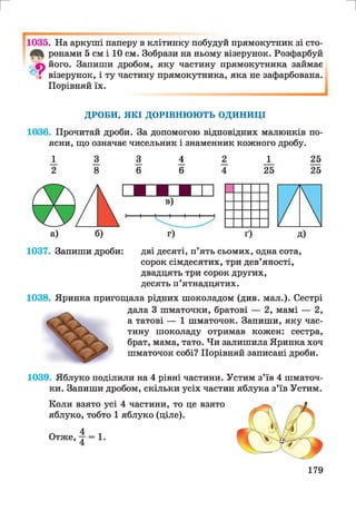 г и
1035. На аркуші паперу в клітинку побудуй прямокутник зі сто-
ронами 5 см і 10 см. Зобрази на ньому візерунок. Розфарбуй
його. Запиши дробом, яку частину прямокутника займає
" Г візерунок, і ту частину прямокутника, яка не зафарбована.
Порівняй їх.
Д РО БИ , Я К І Д О Р ІВ Н Ю Ю Т Ь О Д И Н И Ц І
1036. Прочитай дроби. За допомогою відповідних малюнків по­
ясни, що означає чисельник і знаменник кожного дробу.
 З 3 4 2 _1_ 25
2 8 6 6 4 25 25
1037. Запиши дроби: дві десяті, п’ять сьомих, одна сота,
сорок сімдесятих, три дев’яності,
двадцять три сорок других,
десять п’ятнадцятих.
1038. Яринка пригощала рідних шоколадом (див. мал.). Сестрі
дала 3 шматочки, братові — 2, мамі — 2,
а татові — 1 шматочок. Запиши, яку час­
тину шоколаду отримав кожен: сестра,
брат, мама, тато. Чи залишила Яринка хоч
шматочок собі? Порівняй записані дроби.
1039. Яблуко поділили на 4 рівні частини. Устим з’їв 4 шматоч­
ки. Запиши дробом, скільки усіх частин яблука з’їв Устим.
Коли взято усі 4 частини, то це взято
яблуко, тобто 1 яблуко (ціле).
Отже, ^ = 1.
179
 