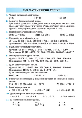 МОЇ МАТЕМАТИЧНІ УСПІХИ
1. Читаю багатоцифрові числа.
2739 13 725 458 066
2. Записую багатоцифрові числа.
Три тисячі двадцять, вісімдесят тисяч чотириста дев’ять, сто
сімдесят тисяч сімсот п’ятдесят п’ять, дев’ятсот вісім одиниць
другого класу тринадцять одиниць першого класу.
3. Порівнюю багатоцифрові числа.
4. Додаю багатоцифрові числа.
а) усно: ЗО 000 + 850, 210 000 + 7604, 43 000 + 29 000.
б) письмово: 7794 + 13 095, 348 608 + 173 894, 236 435 + 4286.
5. Віднімаю багатоцифрові числа.
а) усно: 705 845 - 5005, 31 286 - ЗО 086, 15 480 - 5080.
б) письмово: 13 015 - 6808, 661 000 - 259 463, 634 002 - 465 117.
6. Множу багатоцифрові числа.
а) усно: 27 000 -2, 50 • 100, 132 • 1000, 400 • 300, 800 •99.
б) письмово: 749 -7, 38 • 93, 450 • 25, 63 • 120, 832 • 65.
7. Ділю багатоцифрові числа.
а) усно: 240 : 3, 32 000 : 80, 360 000 : 3, 360 000 : 120 000.
б) письмово: 4113 : 9, 3484 : 52, 34 974 : 87.
Ділю багатоцифрові числа з остачею.
8000 : 46 78 435 : 47 5434 : З
8. Визначаю порядок дій у числових виразах та обчислюю їх зна­
чення.
315 -29 + 20 655 : (80 + 5) - 9371 70 938 + 4734 : 6
9. Розв’язую рівняння.
х •(26 + 9) = 3710 х : 28 = 7 • 348 х + 49 = 600 : 12
10. Добираю розв’язки нерівностей.
х + 5 < 8 х - 2 0 > 5 х - 2 > 7 - 2 х : 9 < 4 0 + 5
11. а) Читаю й порівнюю дроби.
7030 □ 70 300 2416 □ 2461 4200 □ 2200
8 и 8
187
 