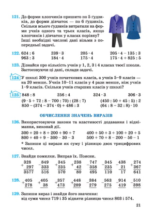 121. До форми хлопчиків пришито по 5 ґудзи­
ків, до форми дівчаток — по 6 ґудзиків.
Скільки всього ґудзиків витратили на фор­
ми учнів одного та трьох класів, якщо
хлопчиків і дівчаток у класах порівну?
Інші необхідні числові дані візьми з по­
передньої задачі.
1 2 2 .6 2 4 :6 239-3 205-4 2 0 5 - 4 - 1 35:3
9 6 3 : 3 184-4 175-4 175•4 + 825 : 5
123. Дізнайся про кількість учнів у 1, 2, 3 і 4 класах твоєї школи.
Застосовуючи ці дані, склади задачі.
У школі 300 учнів початкових класів, а учнів 5-9 класів —
на 20 менше. Учнів 10—11 класів у 4 рази менше, ніж учнів
1-9 класів. Скільки учнів старших класів у школі?
848 : 8 256 : 4 324 -3 306 -3
(9 • 5 + 72 : 8 - 700 : 70): (28 : 7) (450 : 50 + 45 : 5): 2
850 - (374 - 374 • 0) + 486 : 3 (64 : 8 - 32 : 8) • 10
ОБЧИСЛЕННЯ ЗНАЧЕНЬ ВИРАЗІВ
126. Використовуючи закони та властивості додавання і відні­
мання, виконай дії.
300 + 20 + 8 + 200 + 90 + 7 400 + 50 + 3 + 100 + 20 + 5
800 + 40 + 9 - 300 - ЗО - 3 500 + 70 + 8 - 2 0 0 - 5 0 - 1
* Запиши ці вирази як суму і різницю двох трицифрових
чисел.
127. Знайди помилки. Виправ їх. Поясни.
328 849 345 , 238 747 345 438 274
+ 297 333 + 235 + 42 358 235 21 + 367
3577 516 570 80 495 110 17 641
128. 405
278
405
38
357
473
448
289
384 563 914 510
279 275 419 398
129. Запиши вираз і знайди його значення:
від суми чисел 719 і 35 відняти різницю чисел 803 і 574.
21
 