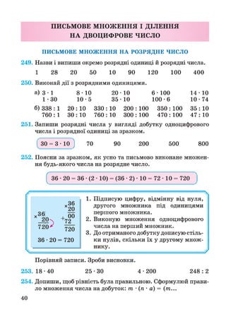 ПИСЬМОВЕ МНОЖЕННЯ І ДІЛЕННЯ
НА ДВОЦИФРОВЕ ЧИСЛО
ПИСЬМОВЕ МНОЖЕННЯ НА РОЗРЯДНЕ ЧИСЛО
249. Назви і випиши окремо розрядні одиниці й розрядні числа.
1 28 20 50 10 90 120 100 400
250. Виконай дії з розрядними одиницями.
а) 3 • 1 8 -Ю 2 0 -1 0 6 -1 0 0 14-10
1-30 10 -5 35 -10 100 -6 10 • 74
б) 338 : 1 20:10 330 : 10 200 : 100 350 : 100 35 : 10
760 : 1 30:10 760 : 10 300 : 100 470 : 100 47 : 10
251. Запиши розрядні числа у вигляді добутку одноцифрового
числа і розрядної одиниці за зразком.
' ЗО = 3 • 10 ) 70 90 200 500 800
252. Поясни за зразком, як усно та письмово виконане множен­
ня будь-якого числа на розрядне число.
{ 36 • 20 = 36 •(2 • 10) = (36 • 2) • 10 = 72 • 10 = 720
=
1. Підписую цифру, відмінну від нуля,
другого множника під одиницями
першого множника.
2. Виконую множення одноцифрового
числа на перший множник.
3. До отриманого добутку дописую стіль­
ки нулів, скільки їх у другому множ­
нику.
Порівняй записи. Зроби висновки.
253. 18-40 25-30 4 • 200 248 : 2
254. Допиши, щоб рівність була правильною. Сформулюй прави­
ло множення числа на добуток: т •(п- а) = (т ...
40
 