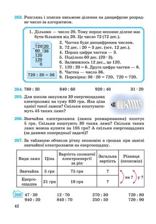 263. Розглянь і поясни письмове ділення на двоцифрове розряд­
не число за алгоритмом.
1. Дільник — число 20. Тому перше неповне ділене має
бути більшим від 20. Це число 72 (72 дес.).
720 20
60 36
120
120
0
720 : 20 = 36
2. Частка буде двоцифровим числом.
3. 72 дес. : 20 = 3 дес. (ост. 12 дес.).
4. Перша цифра частки — 3.
5. Поділено 60 дес. (20 • 3).
6 . Залишилось 12 дес., це 120.
7. 120 : 20 = 6 . Друга цифра частки — 6 .
8. Частка — число 36.
9. Перевірка: 36*20 = 720. 720 = 720.
264. 780 : ЗО 840 : 60 920 : 40 31 • 20
265. Для школи закупили ЗО енергоощадних
електроламп на суму 630 грн. Яка ціна
однієї такої лампи? Скільки коштувати­
муть 45 таких ламп?
266. Звичайна електролампа (лампа розжарювання) коштує
5 грн. Скільки коштують ЗО таких ламп? Скільки таких
ламп можна купити на 105 грн? А скільки енергоощадних
(за даними попередньої задачі)?
267. За таблицею обчисли річну економію в грошах при заміні
звичайної електролампи на енергоощадну.
Види ламп Ціна
Вартість спожитої
електроенергії
за рік
Загальна
вартість
Різниця
(економія)
Звичайна 5 грн 75 грн ?•
)на?)у?Енерго­
ощадна
21 грн 19 грн ?•
268Т47 • 20
940 : 20
42
12* 70
840 : 70
270 : ЗО
250 : 50
720 : 80
720 : 90
 