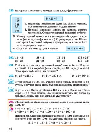 289. Алгоритм письмового множення на двоцифрове число.
у-
34-27 = |___
1. Підписую множники один під одним: одиниці
під одиницями, десятки під десятками.
2. Перший множник множу на одиниці другого
множника. Отримую перший неповний добуток.
3. Множу перший множник на число десятків другого множ­
ника (як на одноцифрове число). Отримую десятки. Підпи­
сую другий неповний добуток під першим, змістивши його
на один розряд ліворуч.
4. Отримані неповні добутки додаю. 34-27 = 918
2 9 0 .1 4 -4 6 38-11 16-54 473 + 237
26 -38 31•24 28•28 473 - 237
291. У кіоску за тиждень продано 47 коробок олівців, по 12 штук
у кожній, і 45 коробок фломастерів, по 18 штук у кожній.
Чого продано більше і на скільки?
292. л: : 23 = 315 : 9 х : 14 = 280 : 14 х • 74 = 36 • 74
[293] Є три числа: 24, 25, 26. Утвори пари чисел, обчисли їх до­
бутки. Добуток яких чисел буде найбільшим? Найменшим?
Відстань від Києва до Львова 480 км, а від Києва до Жито­
мира — в 4 рази менша. На скільки відстань від Києва до
Львова більша, ніж від Києва до Житомира?
295. Сформулюй за рівностями правила усного множення чисел
Л І на 9, 99.* **Т
О а • 9 = а •(10 1) = а - 1 0 а - 1 = а - 1 0 а
^ а • 99 = а •(100 - 1) = а • 100 - а • 1 = а • 100 - а
Перевір себе. Щоб помножити число на 9 (99), достатньо по­
множити його на 10 (100) і від добутку відняти це число.
5 • 9 = 5 • 10 - 5; 7 • 99 = 7 • 100 - 7
46
1
 