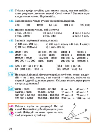 432. Скільки цифр потрібно для запису числа, яке має найбіль­
шим розрядом десятки тисяч? Сотні тисяч? Запиши при­
клади таких чисел. Порівняй їх.
433. Заміни кожне число сумою розрядних доданків.
723 804 4250 63 049 504 213 620 000
434. Назви і запиши числа, які містять:
7 тис. і2сот.; 40 тис. і 8 тис.; 4 тис. ібдес.;
9 тис. і 250; 3 тис. і 20; 5 тис. і 4 дес.
435. Запиши і прочитай числа, у яких:
а) 135 тис. 794 од.; в) 263 од. II класу і 471 од. І класу;
б) 40 тис. 250 од.; г) 8 тис. 309 од.
436. 7000 + 300
7000 + 35
40 000 + 5000
300 000 + 10 000
80 000 - 20 000
13 000 - 3000
125 000 - 5000
8100 - 8000
2000 •4 6000 : 2
ЗО 000 •2 40 000 : 10
100 000 -5 70 000 : 7
200 000 -3 80 000 : 4
437. (209 : 19 - 51 : 17) ■45
12 •(684 : 38) + 248 : 4
(664 - 484): 15 ■56
630 : (992 - 947) • 66
1438 [На першій ділянці лісу росте приблизно 8 тис. дерев, на дру­
гій — на 1 тис. менше, а на третій — стільки, скільки на
першій і другій ділянках разом. Скільки всього дерев росте
на трьох ділянках?
4000 + 2000
25 000 + 3000
300 000 + 50 000
320 000 + 5000
80 000 - ЗО000
75 000 - 5000
120 000 - 100 000
700 000 - 100 000
8 тис. •5 40 тис.: 5
10 тис. •2 50 тис.: 5
25 тис. •3 75 тис.: З
200 тис. •4 120 тис. : 4
І
440. Скільки кутів на рисунку? Які ці
4Ц кути? Виконай подібний рисунок у зо-і Ьг _
фь шиті. Добудуй ще один промінь так,
'" і щоб утворився тупий кут.
А
70
 