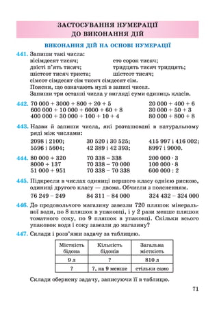 ЗАСТОСУВАННЯ НУМЕРАЦІЇ
ДО ВИКОНАННЯ ДІЙ
ВИКОНАННЯ ДІЙ НА ОСНОВІ НУМЕРАЦІЇ
441. Запиши такі числа:
вісімдесят тисяч; сто сорок тисяч;
двісті п’ять тисяч; тридцять тисяч тридцять;
шістсот тисяч триста; шістсот тисяч;
сімсот сімдесят сім тисяч сімдесят сім.
Поясни, що означають нулі в записі чисел.
Запиши три останні числа у вигляді суми одиниць класів.
442. 70 000 + 3000 + 800 + 20 + 5 20 000 + 400 + 6
600 000 + 10 000 + 6000 + 60 + 8 ЗО000 + 50 + З
400 000 + ЗО 000 + 100 + 10 + 4 80 000 + 800 + 8
443. Назви й запиши числа, які розташовані в натуральному
ряді між числами:
2098 і 2100;
5596 і 5604;
444. 80 000 + 320
8000 + 137
51 000 + 951
ЗО 520 і ЗО 525;
42 389 і 42 393;
70 338 - 338
70 338 - 70 000
70 338 - 70 338
415 997 і 416 002;
8997 і 9000.
200 000 •З
100 000 • 8
600 000 : 2
445. Підкресли в числах одиниці першого класу однією рискою,
одиниці другого класу — двома. Обчисли з поясненням.
76 249 - 249 84 311 - 84 000 324 432 - 324 000
446. До продовольчого магазину завезли 720 пляшок мінераль­
ної води, по 8 пляшок в упаковці, і у 2 рази менше пляшок
томатного соку, по 9 пляшок в упаковці. Скільки всього
упаковок води і соку завезли до магазину?
447. Склади і розв’яжи задачу за таблицею.
М істкість
бідона
Кількість
бідонів
Загальна
м істкість
9 л ? 810 л
? ?, на 9 менше стільки само
Склади обернену задачу, записуючи її в таблицю.
71
 