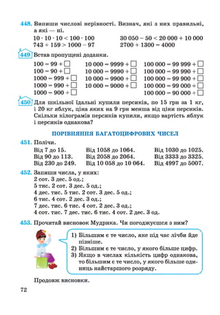 448. Випиши числові нерівності. Визнач, які з них правильні,
а які — ні.
10 • 10 • 10 < 100 • 100 ЗО 050 - 50 < 20 000 + 10 000
743 + 159 >1000 - 97 2700 + 1300 = 4000
Встав пропущені доданки.
100 = 99 + С
100 = 90 + □
1000 = 999 + □
1000 = 990 + □
1000 = 900 + □
10 000 = 9999 + С
10 000 = 9990 + □
10 000 = 9900 + □
10 000 = 9000 + □
100 000 = 99 999 + □
100 000 = 99 990 + □
100 000 = 99 900 + □
100 000 = 99 000 + □
100 000 = 90 000 + □
І450ГДдя шкільної їдальні купили персиків, по 15 грн за 1 кг,
і 20 кг яблук, ціна яких на 9 грн менша від ціни персиків.
Скільки кілограмів персиків купили, якщо вартість яблук
і персиків однакова?
ПОРІВНЯННЯ БАГАТОЦИФРОВИХ ЧИСЕЛ
451. Полічи.
Від 7 до 15. Від 1058 до 1064. Від 1030 до1025.
Від 90 до 113. Від 2058 до 2064. Від 3333 до 3325.
Від 230 до 249. Від 10 058 до 10 064. Від 4997 до 5007.
452. Запиши числа, у яких:
2 сот. З дес. 5 од.;
5 тис. 2 сот. З дес. 5 од.;
4 дес. тис. 5 тис. 2 сот. З дес. 5 од.;
6 тис. 4 сот. 2 дес. З од.;
7 дес. тис. 6 тис. 4 сот. 2 дес. З од.;
4 сот. тис. 7 дес. тис. 6 тис. 4 сот. 2 дес. З од.
453. Прочитай висновок Мудрика. Чи погоджуєшся з ним?
V
Більшим є те число, яке під час лічби йде
пізніше.
Більшим є те число, у якого більше цифр.
Якщо в числах кількість цифр однакова,
то більшим є те число, у якого більше оди­
ниць найстаршого розряду.
Продовж висновки.
72
 