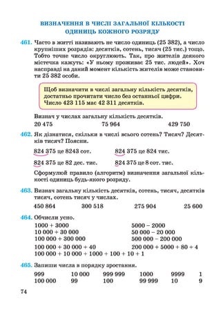 ВИЗНАЧЕННЯ В ЧИСЛІ ЗАГАЛЬНОЇ КІЛЬКОСТІ
ОДИНИЦЬ КОЖНОГО РОЗРЯДУ
461. Часто в житті називають не число одиниць (25 382), а число
крупніших розрядів: десятків, сотень, тисяч (25 тис.) тощо.
Тобто точне число округлюють. Так, про жителів деякого
містечка кажуть: «У ньому проживає 25 тис. людей». Хоч
насправді на даний момент кількість жителів може станови­
ти 25 382 особи.
ґ 
Щоб визначити в числі загальну кількість десятків,
достатньо прочитати число без останньої цифри.
Число 423 115 має 42 311 десятків.
V__________________________________________ _________________________________________ /
Визнач у числах загальну кількість десятків.
20 475 75 964 429 750
462. Як дізнатися, скільки в числі всього сотень? Тисяч? Десят­
ків тисяч? Поясни.
824 375 це 8243 сот. 824 375 це 824 тис.
824 375 це 82 дес. тис. 824 375 це 8 сот. тис.
Сформулюй правило (алгоритм) визначення загальної кіль­
кості одиниць будь-якого розряду.
463. Визнач загальну кількість десятків, сотень, тисяч, десятків
тисяч, сотень тисяч у числах.
450 864 300 518 275 904 25 600
464. Обчисли усно.
1000 + 3000
10 000 + ЗО 000
100 000 + 300 000
5000 - 2000
50 000 - 20 000
500 000 - 200 000
100 000 + ЗО 000 + 40 200 000 + 5000 + 80 + 4
100 000 + 10 000 + 1000 + 100 + 10 + 1
465. Запиши числа в порядку зростання.
999 10 000 999 999 1000 9999
100 000 99 100 99 999 10
74
1
9
 
