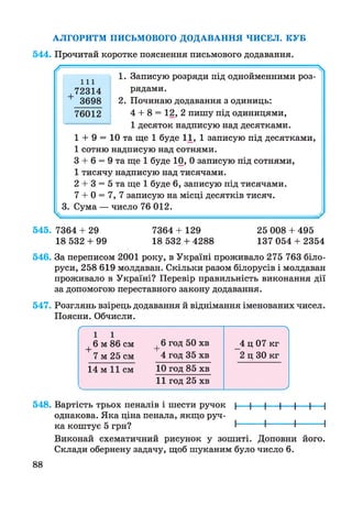 АЛГОРИТМ ПИСЬМОВОГО ДОДАВАННЯ ЧИСЕЛ. КУБ
544. Прочитай коротке пояснення письмового додавання.
// ----------- 
1. Записую розряди під однойменними роз­
рядами.
2. Починаю додавання з одиниць:
4 + 8 = 12, 2 пишу під одиницями,
1 десяток надписую над десятками.
1 + 9 = 10 та ще 1 буде 11, 1 записую під десятками,
1 сотню надписую над сотнями.
З + 6 = 9 та ще 1 буде 10, 0 записую під сотнями,
1 тисячу надписую над тисячами.
2 + 3 = 5 та ще 1 буде 6, записую під тисячами.
7 + 0 = 7, 7 записую на місці десятків тисяч.
3. Сума — число 76 012.
ш
,72314
+ 3698
76012
545. 7364 + 29
18 532 + 99
7364 + 129
18 532 + 4288
25 008 + 495
137 054 + 2354
546. За переписом 2001 року, в Україні проживало 275 763 біло­
руси, 258 619 молдаван. Скільки разом білорусів і молдаван
проживало в Україні? Перевір правильність виконання дії
за допомогою переставного закону додавання.
547. Розглянь взірець додавання й віднімання іменованих чисел.
Поясни. Обчисли.
ґ
1 1
+ 6 м 8 6 с м + 6год50хв
7 м 25 см 4 год 35 хв

4 ц 07 кг
2 ц ЗО кг
14 м 11см 10 год 85 хв
11 год 25 хв
)
548. Вартість трьох пеналів і шести ручок |----1 1 1---- 1 1 1
однакова. Яка ціна пенала, якщо руч­
ка коштує 5 грн? І І І І
Виконай схематичний рисунок у зошиті. Доповни його.
Склади обернену задачу, щоб шуканим було число 6.
88
 