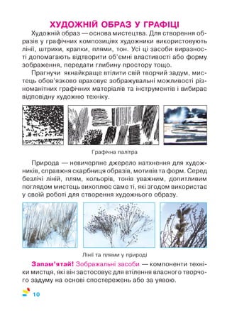 ХУДОЖНІЙ ОБРАЗ У ГРАФІЦІ
Художній образ — основа мистецтва. Для створення об­
разів у графічних композиціях художники використовують
лінії, штрихи, крапки, плями, тон. Усі ці засоби виразнос­
ті допомагають відтворити об’ємні властивості або форму
зображення, передати глибину простору тощо.
Прагнучи якнайкраще втілити свій творчий задум, мис-
тець обов’язково враховує зображувальні можливості різ­
номанітних графічних матеріалів та інструментів і вибирає
відповідну художню техніку.
Графічна палітра
Природа — невичерпне джерело натхнення для худож­
ників, справжня скарбниця образів, мотивівта форм. Серед
безлічі ліній, плям, кольорів, тонів уважним, допитливим
поглядом мистець вихоплює саме ті, які згодом використає
у своїй роботі для створення художнього образу.
Лінії та плями у природі
Запам’ятай! Зображальні засоби — компоненти техні­
ки мистця, які він застосовує для втілення власного творчо­
го задуму на основі спостережень або за уявою.
%
10
 