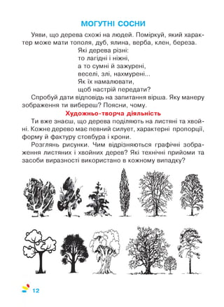 МОГУТНІ сосни
Уяви, що дерева схожі на людей. Поміркуй, який харак­
тер може мати тополя, дуб, ялина, верба, клен, береза.
Які дерева різні:
то лагідні і ніжні,
а то сумні й зажурені,
веселі, злі, нахмурені...
Як їх намалювати,
щоб настрій передати?
Спробуй дати відповідь на запитання вірша. Яку манеру
зображення ти вибереш? Поясни, чому.
Художньо-творча діяльність
Ти вже знаєш, що дерева поділяють на листяні та хвой­
ні. Кожне дерево має певний силует, характерні пропорції,
форму й фактуру стовбура і крони.
Розглянь рисунки. Чим відрізняються графічні зобра­
ження листяних і хвойних дерев? Які технічні прийоми та
засоби виразності використано в кожному випадку?
12
 