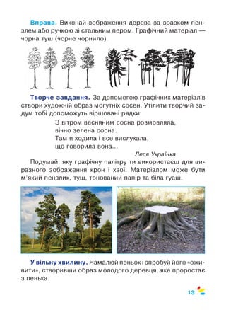 Вправа. Виконай зображення дерева за зразком пен­
злем або ручкою зі стальним пером. Графічний матеріал —
чорна туш (чорне чорнило).
Творче завдання. За допомогою графічних матеріалів
створи художній образ могутніх сосен. Утілити творчий за­
дум тобі допоможуть віршовані рядки:
З вітром весняним сосна розмовляла,
вічно зелена сосна.
Там я ходила і все вислухала,
що говорила вона...
Леся Українка
Подумай, яку графічну палітру ти використаєш для ви­
разного зображення крон і хвої. Матеріалом може бути
м’який пензлик, туш, тонований папір та біла гуаш.
У вільну хвилину. Намалюй пеньок і спробуй його «ожи­
вити», створивши образ молодого деревця, яке проростає
з пенька.
$
13
 