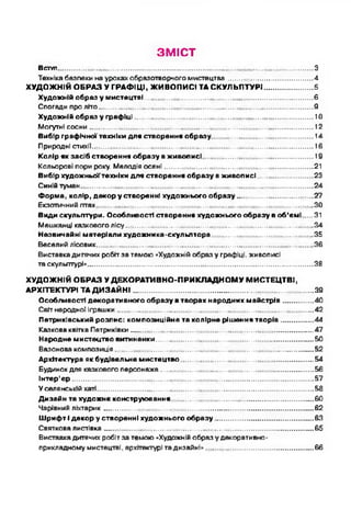 ЗМІСТ
В ступ....................................................................................................................................................З
Техніка безпеки на урокахобразотворчого мистецтва..........................................4
ХУДОЖНІЙ ОБРАЗ У ГРАФІЦІ, ЖИВОПИСІ ТА СКУЛЬПТУРІ....................... 5
Художній образ у мистецтві.....................................................................................6
Спогади про літо............................................................................................................9
Художній образ у графіці......................................................................................... 10
Могутні сосни................................................................................................................ 12
Вибір графічної'техніки для створення образу..................................................14
Природні стихіі............................................................................................................... 16
Колір як засіб створення образу вживописі.......................................................19
Кольорові пори року. Мелодія осені.......................................................................... 21
Вибір художньоїтехніки для створення образу в живописі...........................23
Синій туман.....................................................................................................................24
Форма, колір, декор у створенні художнього образу..................................... 27
Екзотичний птах.............................................................................................................ЗО
Види скульптури. Особливості створення художнього образу в об’ємі.....31
Мешканці казкового лісу..............................................................................................34
Незвичайні матеріали художника-скульлтора..................................................35
Веселий лісовик.............................................................................................................36
Виставкадитячих робіт за темою «Художній образ у графіці, живописі
та скульптурі»..................................................................................................................38
ХУДОЖНІЙ ОБРАЗ У ДЕКОРАТИВНО-ПРИКЛАДНОМУ МИСТЕЦТВІ,
АРХІТЕКТУРІ ТА Д И З А Й Н І.......................................................................................... 39
Особливості декоративного образу в творах народних майстрів..............40
Світ народної іграшки.................................................................................................. 42
Петриківський розпис: композиційне та колірне рішення творів...............44
Казкова квітка Петриківки........................................................................................... 47
Народне мистецтво витинанки...............................................................................50
Вазонова композиція................................................................................................... 52
Архітектура як будівельне мистецтво..................................................................54
Будинокдля казкового персонажа............................................................................ 56
Інтер’є р ......................................................................................................................... 57
У селянській хаті.............................................................................................................58
Дизайн та художнє конструювання.......................................................................60
Чарівний ліхтарик.........................................................................................................62
Шрифт І декор у створенні художнього образу................................................ 63
Святковалистівка.........................................................................................................65
Виставкадитячих робітза темою "Художній образ удекоративно-
прикладному мистецтві, архітектурі та дизайні»..................................................... 66
 