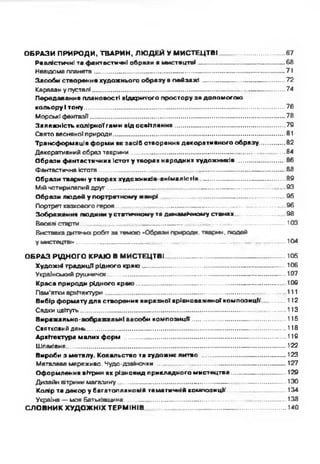ОБРАЗИ ПРИРОДИ, ТВАРИН, ЛЮ ДЕЙ У М ИСТЕЦ ТВІ................. __........-.67
Реалістичні та фантастичні образи а мистецтві................................ ............... 68
Невідома планета............................................................................ - .........— .............71
Засоби створення художнього образу в пейзажі..............................................72
Караван у пустелі............................................................................................................74
Передавання плановості відкритого простору за допомогою
кольору І тону................................................................................................................76
Морські фантазії.............................................................................................................78
Залежність колірної гами від освітлення............................................................. 79
Свято весняної природи................................................................................................81
Трансформація форми як засіб створення декоративного образу..............82
Декоративний образ твврини.......................................................................................84
Образи фантастичних Істот у творах народних художників...........................86
Фантастична істота........................................................................................................88
Образи тварин у творах художників анімалістів ............................................. 89
Мій чотирилапийдруг ..................................................... - .................................. 93
Образи людей у портретному жанрі ...................................................................95
Портрет казкового героя...............................................- ............- ...........— ........— 96
Зображення людини у статичному та динамічному станах............................98
Веселі старти...... — ..........................................- ...........—..........— ------ ----------------103
Виставкадитячих робітза темою »Образиприроди, тварин, людей
у мистецтв«» ........................... ........................................- ..........— ................ ........._ 104
ОБРАЗ РІДНОГО КРАЮ В МИСТЕЦТВІ ......... .............................. - ................. 105
Художні традиції рідного краю.............................................. ............ - .......... ......106
Український рушничок...............................................................................- ...........—. 107
Краса природи рідного краю...............................................................- ................. 109
Пам'ятки архітектури.................................................................................................... 111
Вибір формату для створення виразної врівноваженої композиції.............112
Садки цвітуть.................................................................................................................. 113
Виражально-зображальні засоби композиції ...................................................115
Святковий день...............................................................................................................118
Архітектура малих форм ..........................................................................................119
Шпаківня..........................................................................................................................122
Вироби з металу. Ковальство та художнє литво .............................................123
Металеве мереживо. Чудо-дзвіночки ...................................................................... 127
Оформлення вітрин як різновид прикладного мистецтва..............................129
Дизайн вітрини магазину ....................................................................- ......................130
Колір та декор у багатоплановій тематичній композиції.........................~.....134
Україна — моя Батьківщина ..............................................................- ......................138
СЛОВНИК ХУДОЖ НІХ ТЕРМІНІВ ........................................................— ..............140
 
