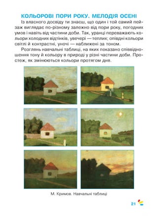 КОЛЬОРОВІ ПОРИ РОКУ. МЕЛОДІЯ ОСЕНІ
Із власного досвіду ти знаєш, що один і той самий пей­
заж виглядає по-різному залежно від пори року, погодних
умов і навіть від частини доби. Так, уранці переважають ко­
льори холодних відтінків, увечері — теплих; опівдні кольори
світлі й контрастні, уночі — наближені за тоном.
Розглянь навчальні таблиці, на яких показано співвідно­
шення тону й кольору в природі у різні частини доби. Про­
стеж, як змінюються кольори протягом дня.
21
 