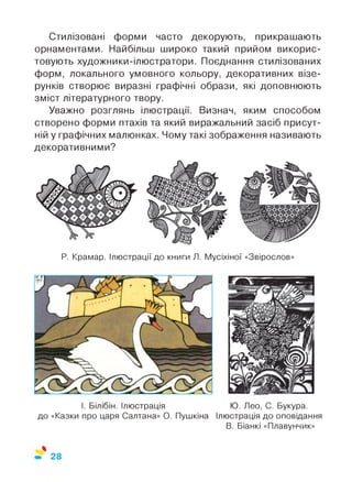 Стилізовані форми часто декорують, прикрашають
орнаментами. Найбільш широко такий прийом викорис­
товують художники-ілюстратори. Поєднання стилізованих
форм, локального умовного кольору, декоративних візе­
рунків створює виразні графічні образи, які доповнюють
зміст літературного твору.
Уважно розглянь ілюстрації. Визнач, яким способом
створено форми птахів та який виражальний засіб присут­
ній у графічних малюнках. Чому такі зображення називають
декоративними?
Р. Крамар. Ілюстрації до книги Я. Мусіхіної «Звірослов»
І. Білібін. Ілюстрація
до «Казки про царя Салтана» О. Пушкіна
Ю. Лео, С. Букура.
Ілюстрація до оповідання
В. Біанкі «Плавунчик»
%
28
 