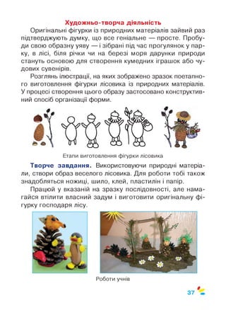 Художньо-творча діяльність
Оригінальні фігурки із природних матеріалів зайвий раз
підтверджують думку, що все геніальне — просте. Пробу­
ди свою образну уяву — і зібрані під час прогулянок у пар­
ку, в лісі, біля річки чи на березі моря дарунки природи
стануть основою для створення кумедних іграшок або чу­
дових сувенірів.
Розглянь ілюстрації, на яких зображено зразок поетапно­
го виготовлення фігурки лісовика із природних матеріалів.
У процесі створення цього образу застосовано конструктив­
ний спосіб організації форми.
Етапи виготовлення фігурки лісовика
Творче завдання. Використовуючи природні матеріа­
ли, створи образ веселого лісовика. Для роботи тобі також
знадобляться ножиці, шило, клей, пластилін і папір.
Працюй у вказаній на зразку послідовності, але нама­
гайся втілити власний задум і виготовити оригінальну фі­
гурку господаря лісу.
Роботи учнів
$
37
 