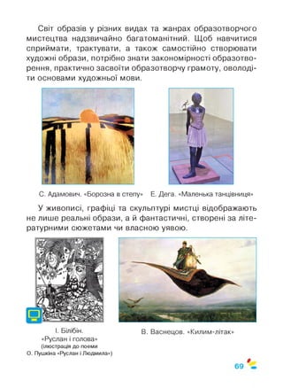 Світ образів у різних видах та жанрах образотворчого
мистецтва надзвичайно багатоманітний. Щоб навчитися
сприймати, трактувати, а також самостійно створювати
художні образи, потрібно знати закономірності образотво-
рення, практично засвоїти образотворчу грамоту, оволоді­
ти основами художньої мови.
С. Адамович. «Борозна в степу» Е. Дега. «Маленька танцівниця»
У живописі, графіці та скульптурі мистці відображають
не лише реальні образи, а й фантастичні, створені за літе­
ратурними сюжетами чи власною уявою.
І- Білібін. В. Васнецов. «Килим-літак»
«Руслан і голова»
(ілюстрація до поеми
О. Пушкіна «Руслан і Людмила»)
$
 
