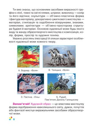 Ти вже знаєш, що основними засобами виразності гра­
фіки є лінії, темні та світлі плями, штрихи; живопису — колір
та його відтінки; скульптури — об’ємно-пластична форма
і фактура матеріалу; декоративно-ужиткового мистецтва —
матеріал, стилізація та оздоблення візерунками, знаками,
символами; архітектури — об’ємно-просторова структу­
ра будівлі й матеріал. Основою художньої мови будь-якого
виду та жанру образотворчого мистецтва є композиція, ко­
лір, форма, простір та художня техніка.
Уважно розглянь ілюстрації й опиши характерні особли­
вості художньої мови кожного твору.
А. Боднар. «Воля» В. Теніцька. «Воля»
3. Пасічна. «Кінь» Б. Рудий.
Пам’ятник Данилу Галицькому
Запам’ятай! Художній образ — це властива мистецтву
форма відображення навколишнього світу, думок, почуттів
або фантазії мистця виражальними засобами образотвор­
чої мови.
%
8
 