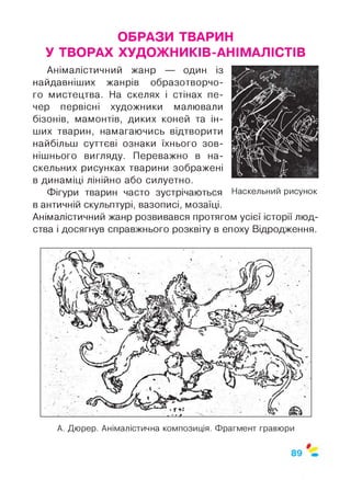 ОБРАЗИ ТВАРИН
У ТВОРАХ ХУДОЖНИКІВ-АНІМАЛІСТІВ
Анімалістичний жанр — один із
найдавніших жанрів образотворчо­
го мистецтва. На скелях і стінах пе­
чер первісні художники малювали
бізонів, мамонтів, диких коней та ін­
ших тварин, намагаючись відтворити
найбільш суттєві ознаки їхнього зов­
нішнього вигляду. Переважно в на-
скельних рисунках тварини зображені
в динаміці лінійно або силуетно.
Фігури тварин часто зустрічаються
в античній скульптурі, вазописі, мозаїці.
Анімалістичний жанр розвивався протягом усієї історії люд­
ства і досягнув справжнього розквіту в епоху Відродження.
А. Дюрер. Анімалістична композиція. Фрагмент гравюри
 