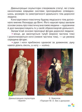 Давньогрецькі скульптори створювали статуї, які стали
канонічними взірцями системи пропорційних співвідно­
шень, розмірів та симетричності ідеального тіла дорослої
людини.
Конструктивно-пластичну будову людського тіла доско­
нало вивчив Леонардо да Вінчі. Його наукові праці заклали
основи знань про пластичну анатомію людини — художники
й досі використовують їх у своїй образотворчій діяльності.
Запам’ятай основні пропорції фігури дорослої людини:
• місце, де закінчується тулуб (верхня частина тіла)
і розпочинаються ноги (нижня частина тіла), — це умовна
середина фігури;
• руки і ноги приблизно однакові за довжиною; руку
навпіл ділить лікоть, а ногу — коліно.
Давньогрецька скульптура
«Уранія»
К. Брюллов.
«Портрет М. А. Бек з донькою»
$
99
 
