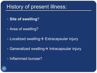 History of present illness:
 Site of swelling?
 Area of swelling?
 Localized swelling Extracapsular injury
 Generalized swelling Intracapsular injury
 Inflammed bursae?
20
 