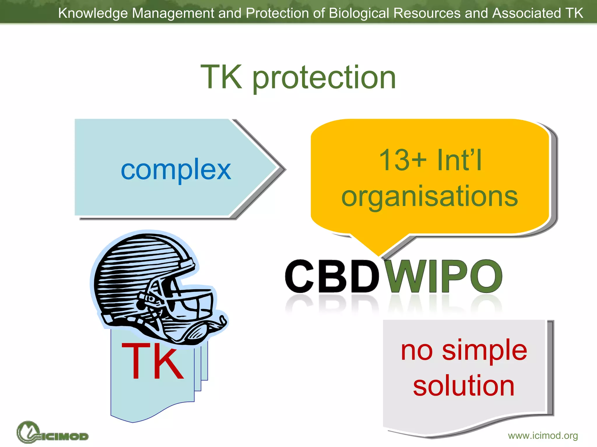 TK protection TK complex 13+ Int’l organisations no simple solution 