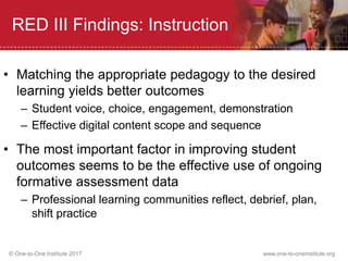 © One-to-One Institute 2017 www.one-to-oneinstitute.org
RED III Findings: Instruction
• Matching the appropriate pedagogy to the desired
learning yields better outcomes
– Student voice, choice, engagement, demonstration
– Effective digital content scope and sequence
• The most important factor in improving student
outcomes seems to be the effective use of ongoing
formative assessment data
– Professional learning communities reflect, debrief, plan,
shift practice
 