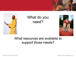 © One-to-One Institute 2017 www.one-to-oneinstitute.org
What do you
need?
What resources are available to
support those needs?
 