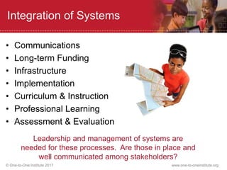 © One-to-One Institute 2017 www.one-to-oneinstitute.org
Integration of Systems
• Communications
• Long-term Funding
• Infrastructure
• Implementation
• Curriculum & Instruction
• Professional Learning
• Assessment & Evaluation
Leadership and management of systems are
needed for these processes. Are those in place and
well communicated among stakeholders?
 